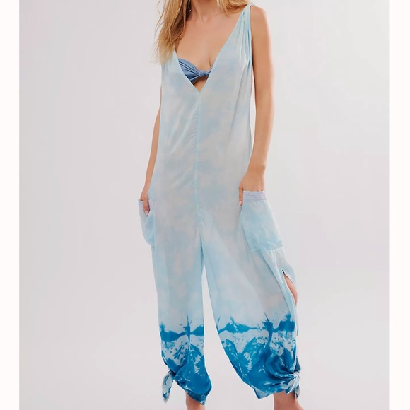 FREE PEOPLE BEACH BREAK JUMPSUIT ONSIE MEDIUM AND LARGE TIEDYE OCEAN BLUE - Picture 2 of 8